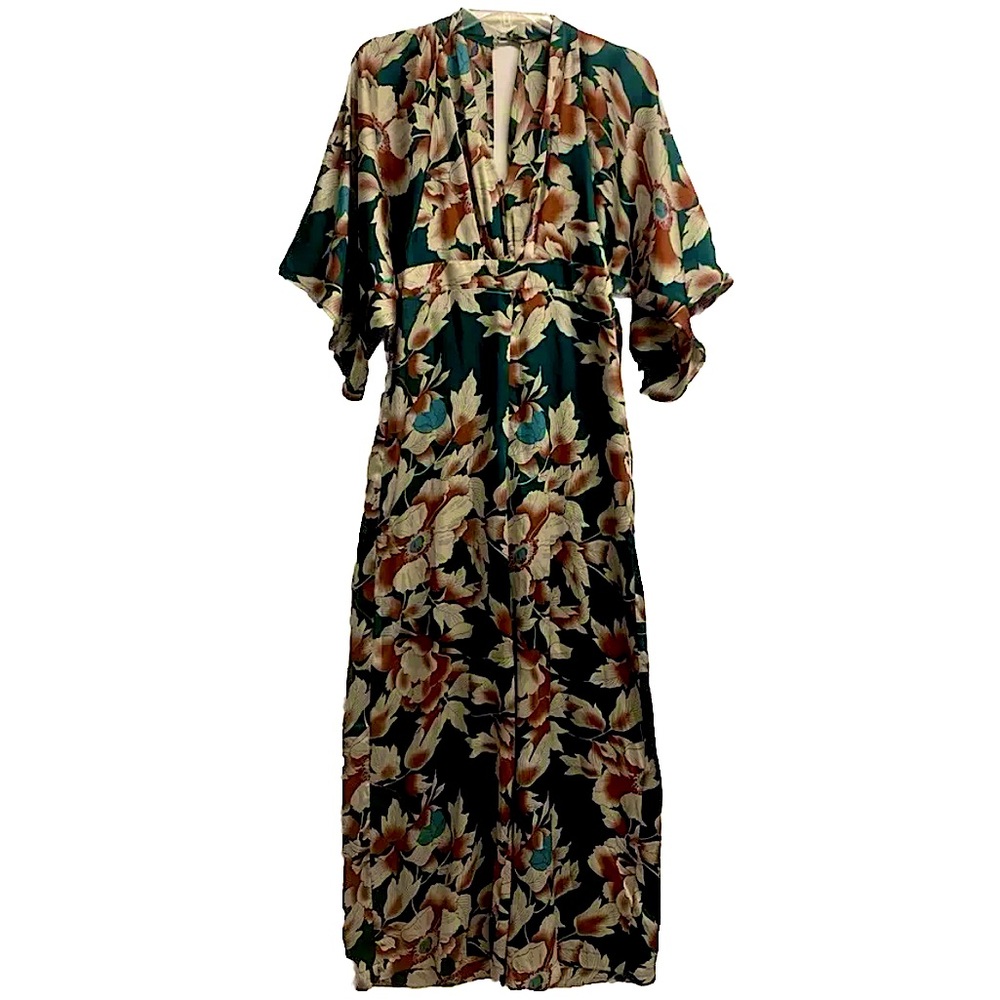 Women’s Jumpsuit Green Floral Kimono Wide Leg Flowy Satin Silky Lulu’s Sz Small